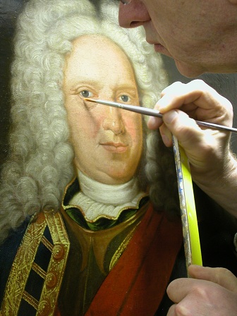 Grashe Seattle and Bellevue Fine Art Restorers. Rare and interesting cases of antique restoration: Friedrich Wilhelm Dux of Saxonia and Meisson painting, Oil on Canvas, 22" X 27" Circa 1733. Restoration project in process.