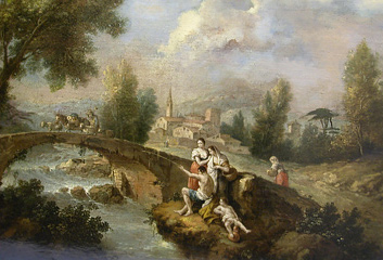 Grashe Seattle and Bellevue Fine Art Restorers. Rare and interesting cases of antique restoration: Franchesco Zuccarelli painting, 1702-1788, Florence, Italian Rococo. Oil on canvas, 29'' X 38''. Restoration project in process.